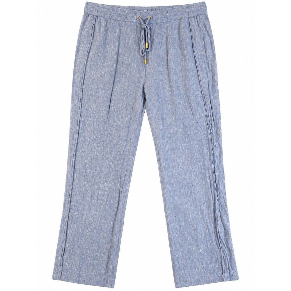 100% Linen Pull On Pants Blue Drawstring Coastal Lagenlook Relaxed Size M